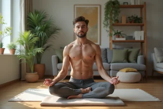 Jeune homme en yoga avancé dans un salon moderne