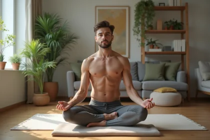 Jeune homme en yoga avanc&eacute; dans un salon moderne