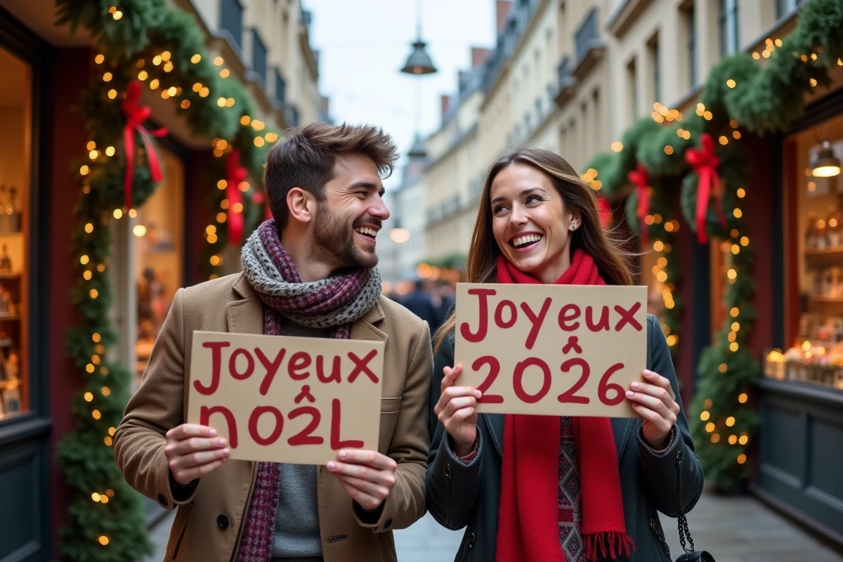 Deux amis tenant des pancartes joyeux Noël 2026 dans une rue festive décorée pour partager sur Facebook et Instagram