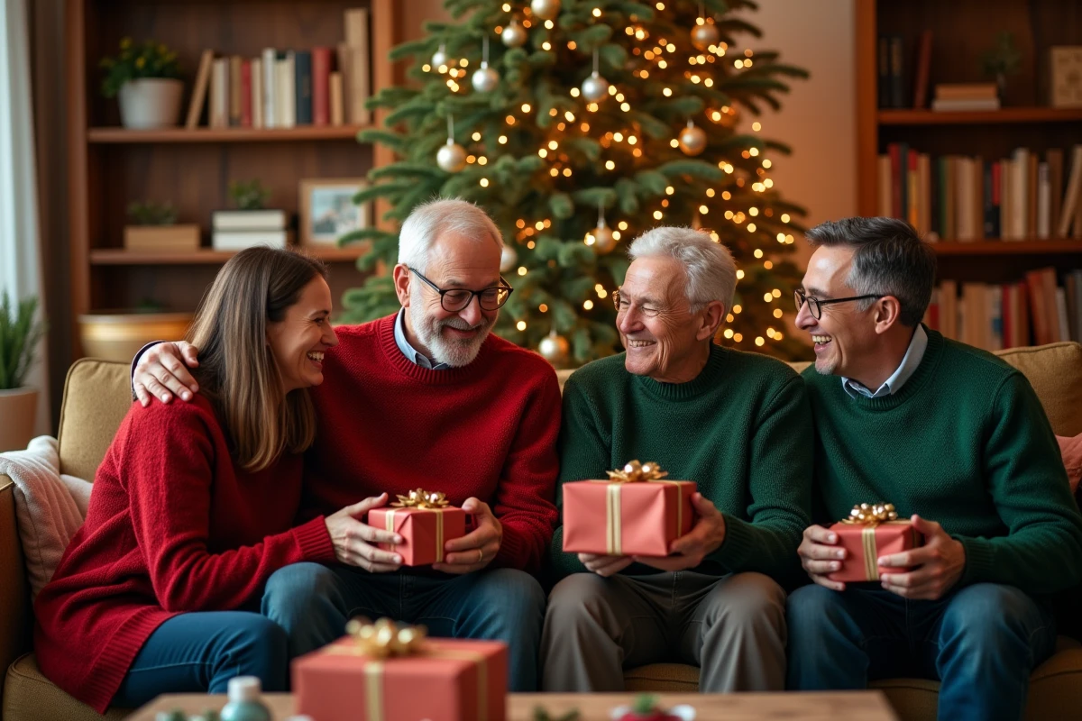 Famille joyeuse réunie autour d'un sapin de Noël décoré pour souhaiter un joyeux Noël 2026 sur Facebook et Instagram