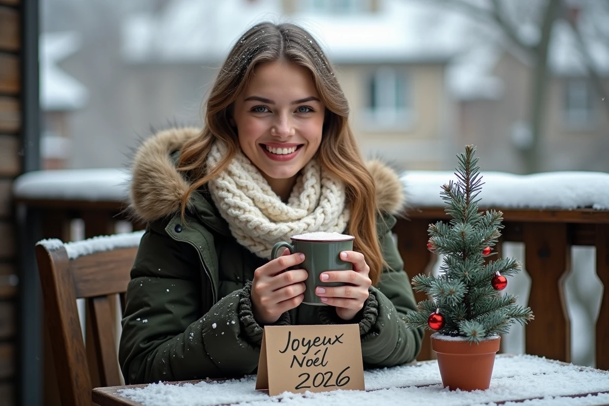Jeune femme souriante tenant une tasse de chocolat chaud avec un message joyeux Noël 2026 sur une table enneigée
