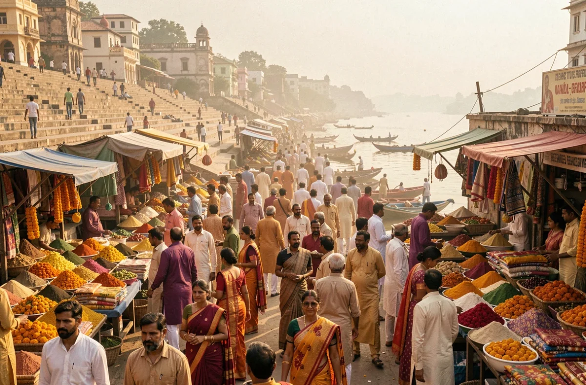 Marché animé à Varanasi en Inde avec une foule dense en tenues traditionnelles près des ghats du Gange