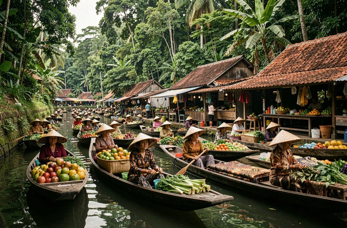 Marché flottant traditionnel à Java en Indonésie avec des vendeurs en barques chargées de fruits tropicaux