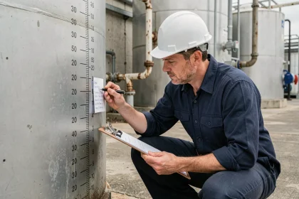 Ingénieur mesurant le volume d'une cuve industrielle pour convertir des mètres cubes en litres