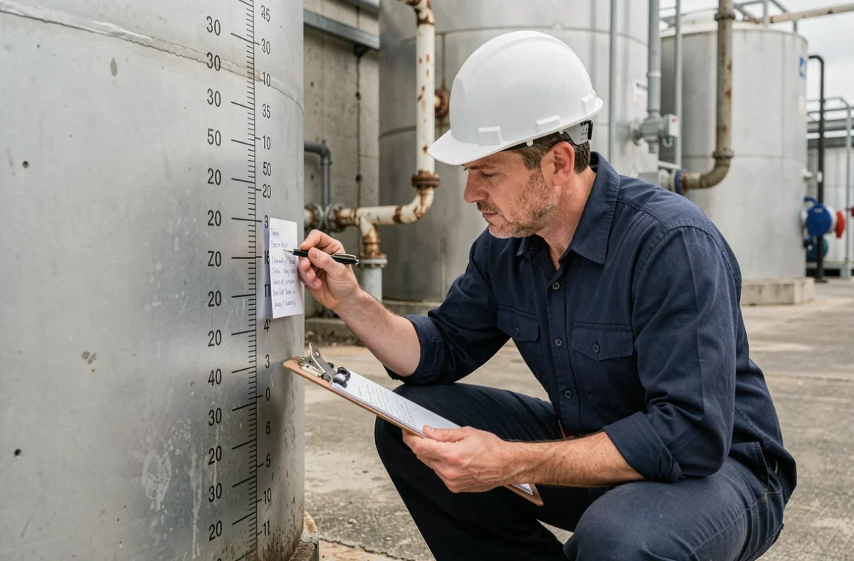 Ingénieur mesurant le volume d'une cuve industrielle pour convertir des mètres cubes en litres