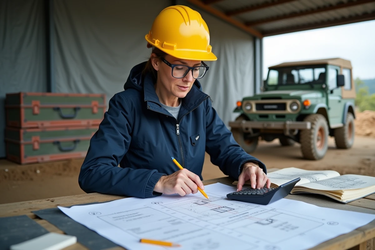 Ingénieure de chantier convertissant des degrés en pourcentage de pente sur des plans topographiques avec calculatrice scientifique