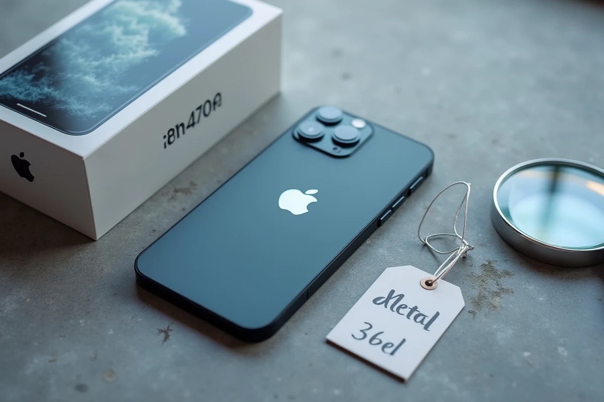 iPhone 16e reconditionné posé sur béton avec sa boîte et une étiquette de prix, symbolisant l'analyse du rapport qualité-prix