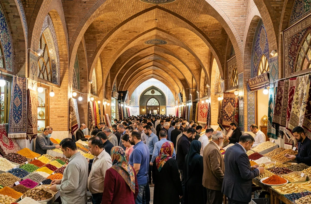 Le Grand Bazar de Téhéran en Iran avec une foule dense sous les voûtes en brique ornées parcourant des étals de tapis persans et d'épices