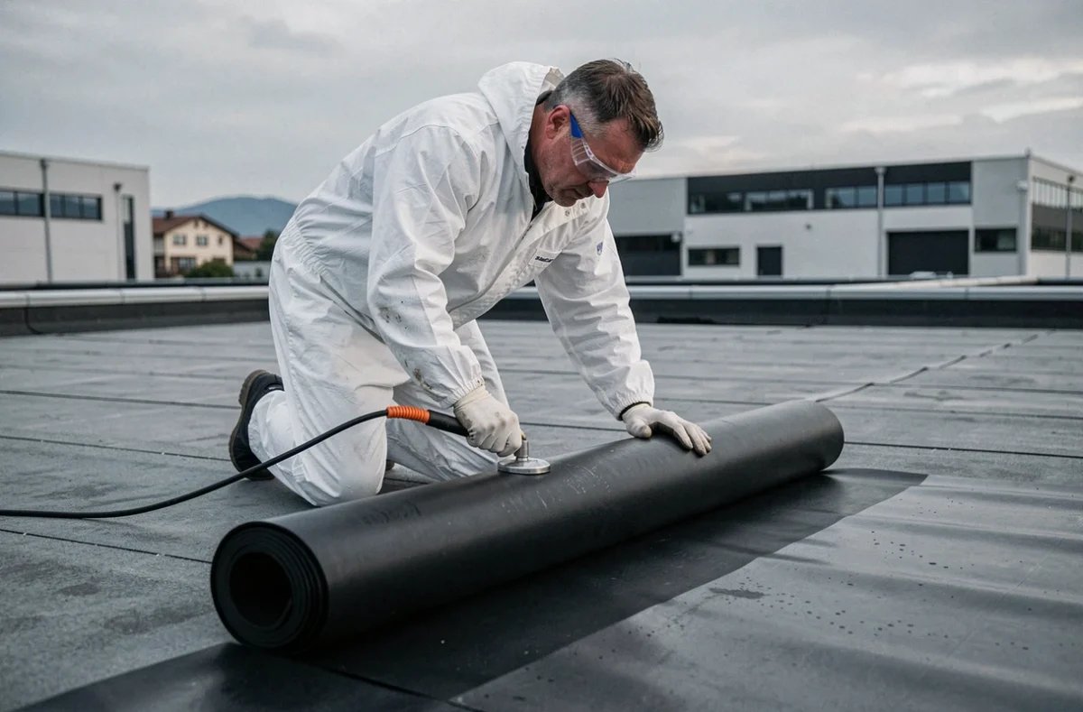 Spécialiste en étanchéité appliquant une membrane bitumineuse sur une toiture plate d'un bâtiment commercial en Isère