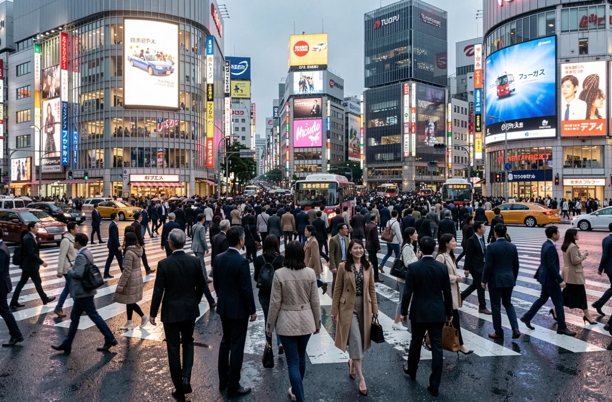 Le célèbre carrefour de Shibuya à Tokyo lors d'une heure de pointe avec des centaines de piétons traversant simultanément