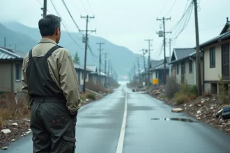 Homme japonais debout sur une route inondée et dévastée