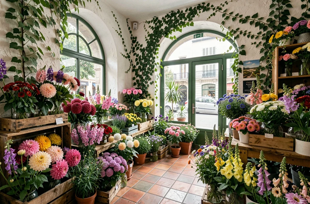 Intérieur fleuri et végétal de la boutique Jardin Saint-Jérôme à Toulouse, avec des dahlias, pois de senteur et renards dans des caisses en bois