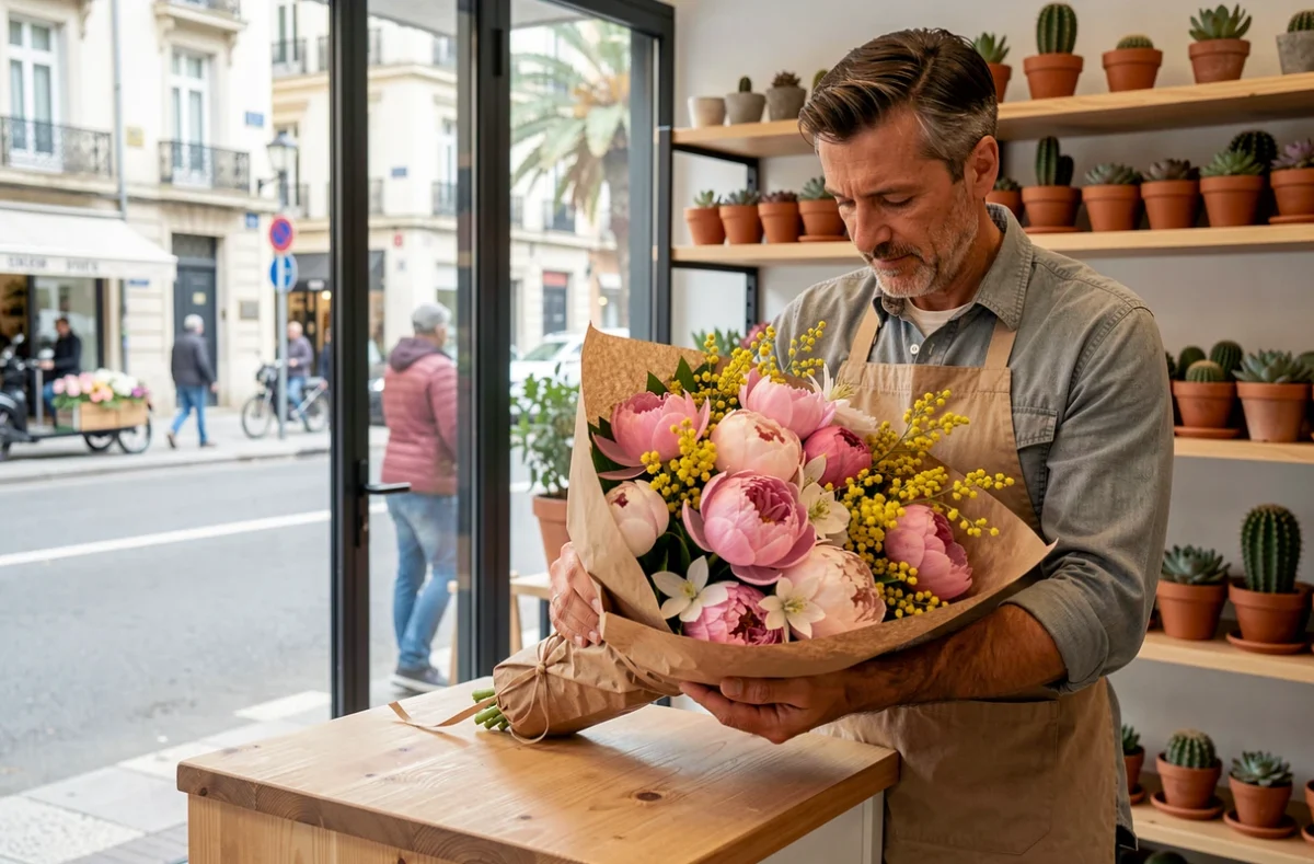 Fleuriste de Jean Fleuriste à Montpellier emballant un bouquet de pivoines, mimosas et clématites en papier kraft dans sa boutique urbaine