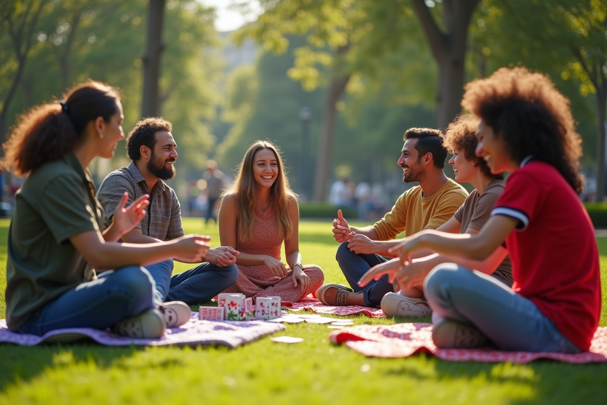 Personnes jouant aux cartes dans un parc en plein air