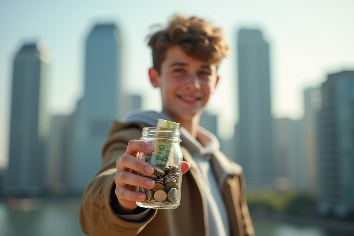 Jeune adulte avec pièces et billet devant ville moderne