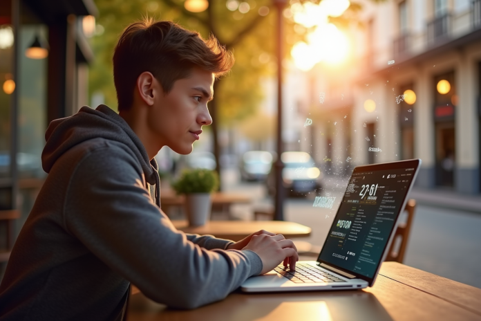 jeune-adulte-cafe-laptop-donnees Jeune adulte travaillant en extérieur avec données numériques