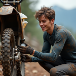 Guide d’entretien complet pour votre vélo tout-terrain dirt bike Jeune homme vérifiant la pression du pneu de son VTT en pleine nature