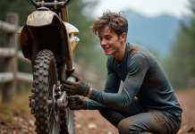 Guide d’entretien complet pour votre vélo tout-terrain dirt bike Jeune homme vérifiant la pression du pneu de son VTT en pleine nature