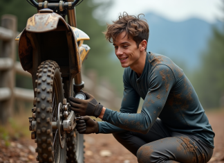 Guide d’entretien complet pour votre vélo tout-terrain dirt bike Jeune homme vérifiant la pression du pneu de son VTT en pleine nature