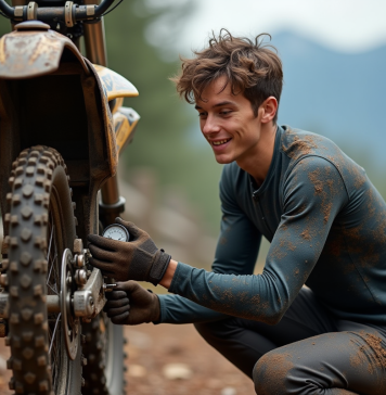 Guide d’entretien complet pour votre vélo tout-terrain dirt bike Jeune homme vérifiant la pression du pneu de son VTT en pleine nature