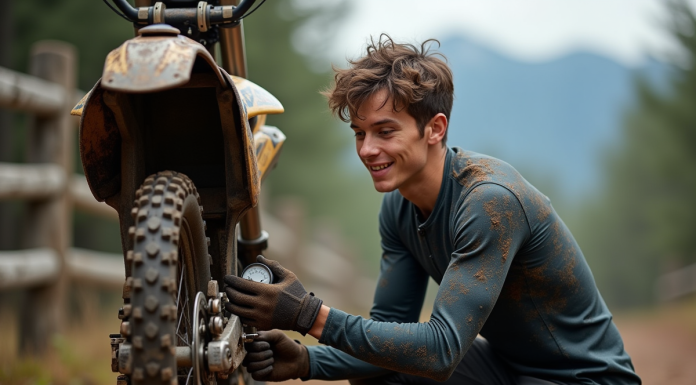 Guide d’entretien complet pour votre vélo tout-terrain dirt bike Jeune homme vérifiant la pression du pneu de son VTT en pleine nature