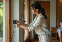 Conseils pratiques pour utiliser les prises électriques à Bali Jeune femme branchant un adaptateur dans une maison balinaise