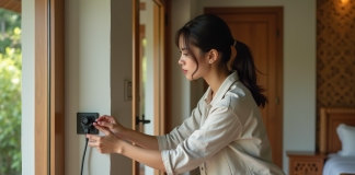 Conseils pratiques pour utiliser les prises électriques à Bali Jeune femme branchant un adaptateur dans une maison balinaise