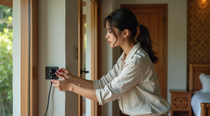 Conseils pratiques pour utiliser les prises électriques à Bali Jeune femme branchant un adaptateur dans une maison balinaise