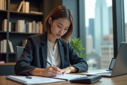 Jeune femme au bureau écrivant une formule mathématique