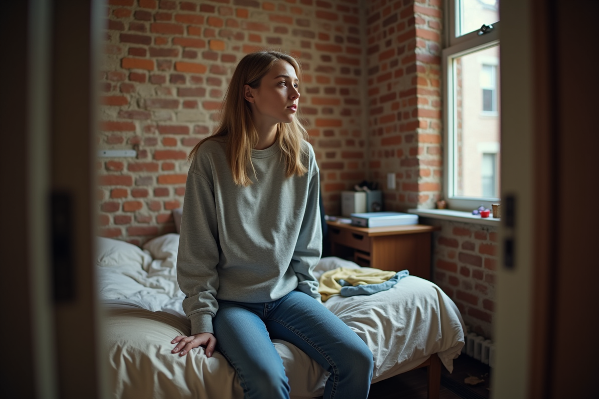 Jeune femme frustrée dans une chambre partagée en désordre