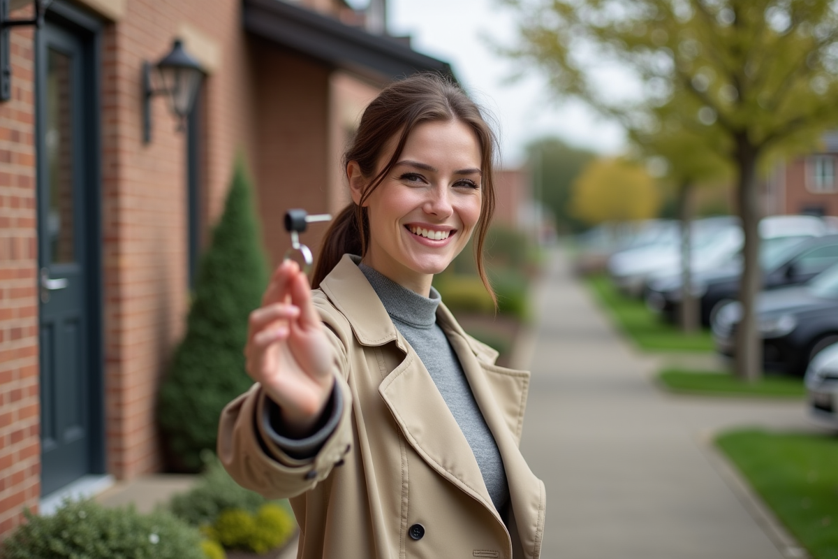 Jeune femme souriante devant sa nouvelle maison en banlieue