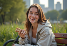 Pourquoi privilégier une barre protéinée artisanale aux flocons d’avoine pour vos encas Jeune femme mangeant une barre protéinée à l'extérieur
