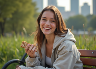 Pourquoi privilégier une barre protéinée artisanale aux flocons d’avoine pour vos encas Jeune femme mangeant une barre protéinée à l'extérieur