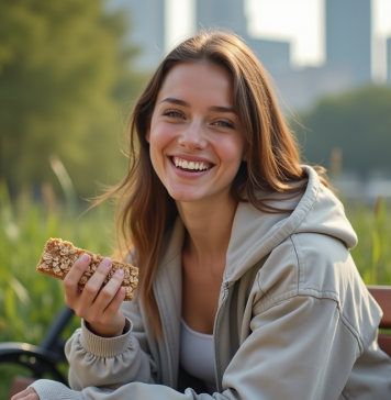 Pourquoi privilégier une barre protéinée artisanale aux flocons d’avoine pour vos encas Jeune femme mangeant une barre protéinée à l'extérieur