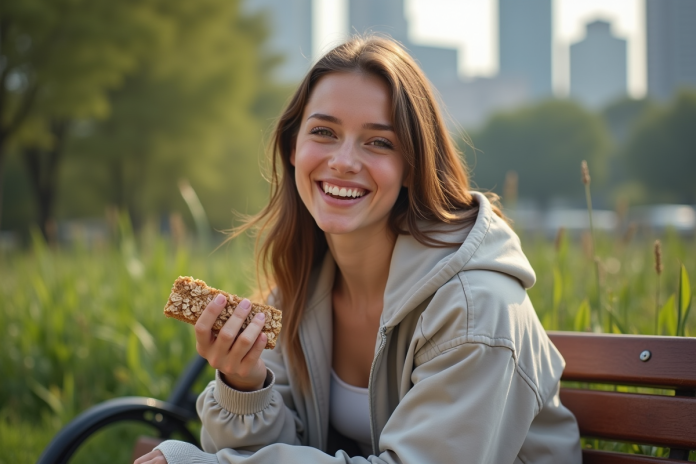 jeune-femme-manger-proteine-avoine Jeune femme mangeant une barre protéinée à l'extérieur