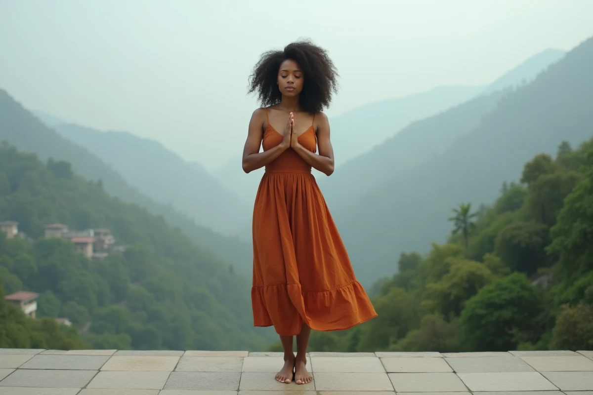 Jeune femme en robe terracotta répétant un mantra en pleine nature sur une terrasse en pierre face à une vallée brumeuse