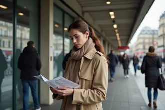 Jeune femme dans le métro parisien vérifiant un horaire RATP