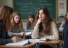 Jeune femme en classe prenant des notes dans une universite