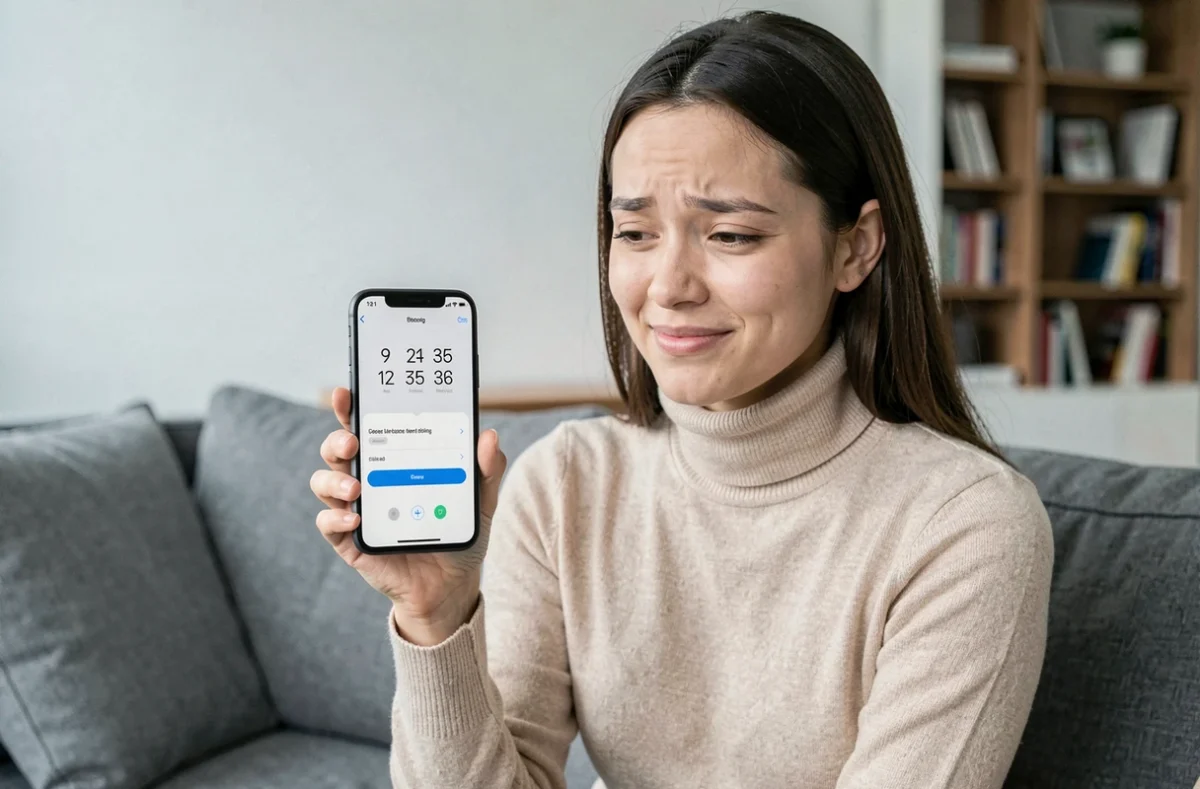 Jeune femme soulagée après avoir bloqué définitivement le numéro 0424 sur son smartphone dans son salon
