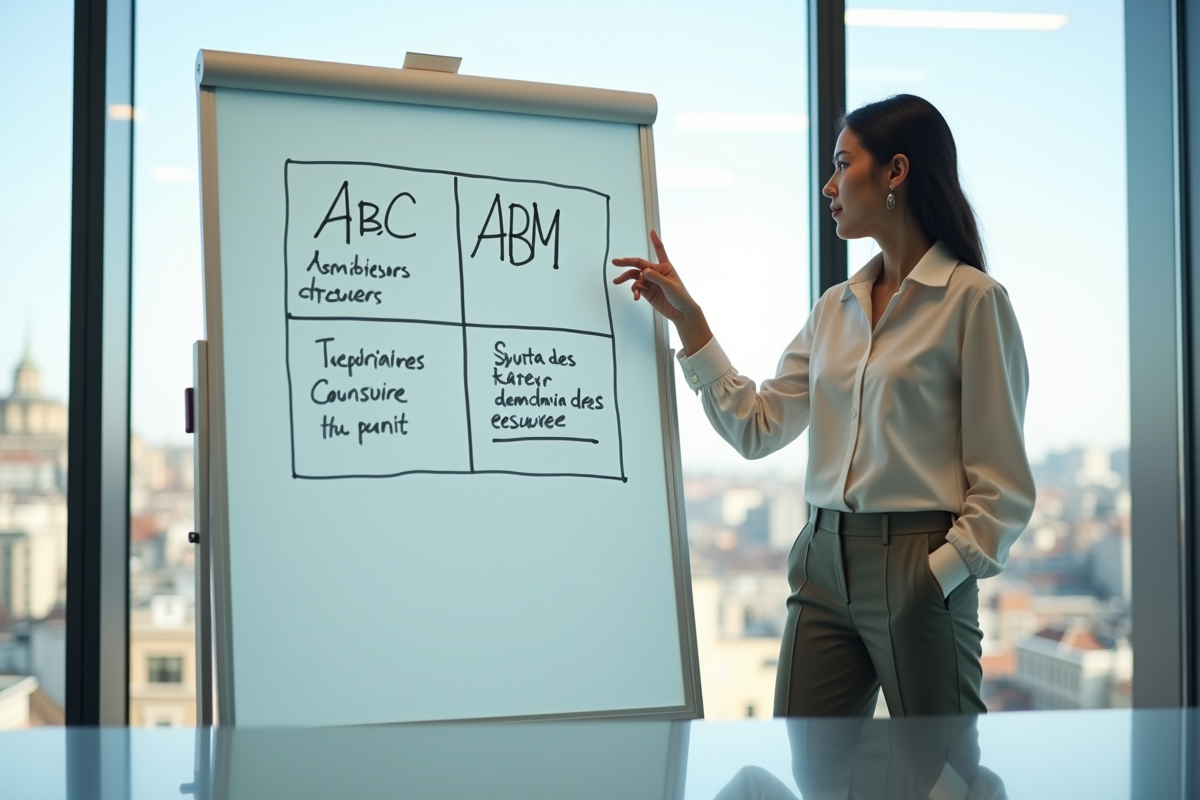 Jeune analyste montre un graphique coloré sur tableau interactif dans une salle de réunion