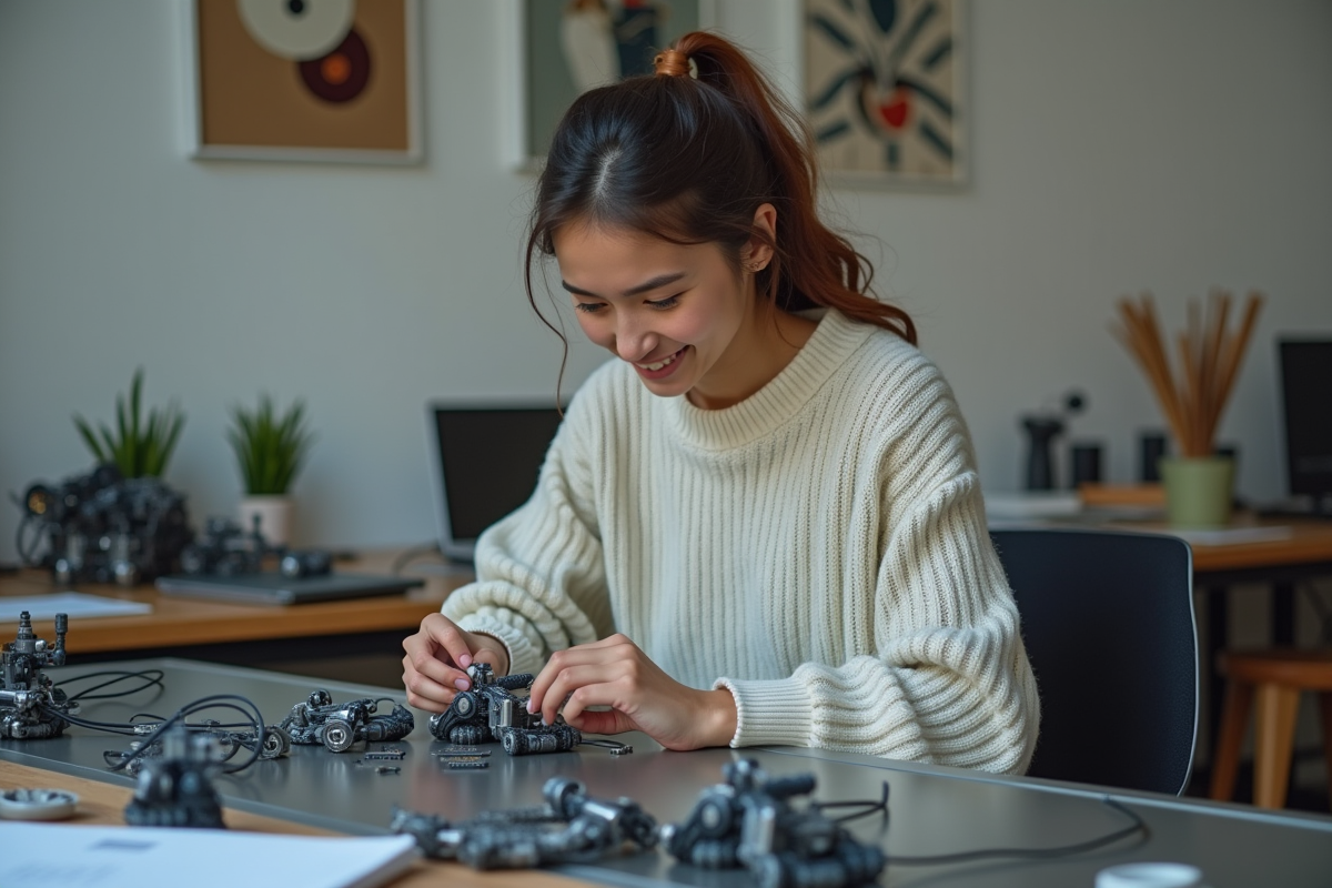 Jeune femme assemblant des pièces de robot dans un espace moderne