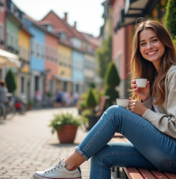 Jeune femme souriante dans un village européen en plein air
