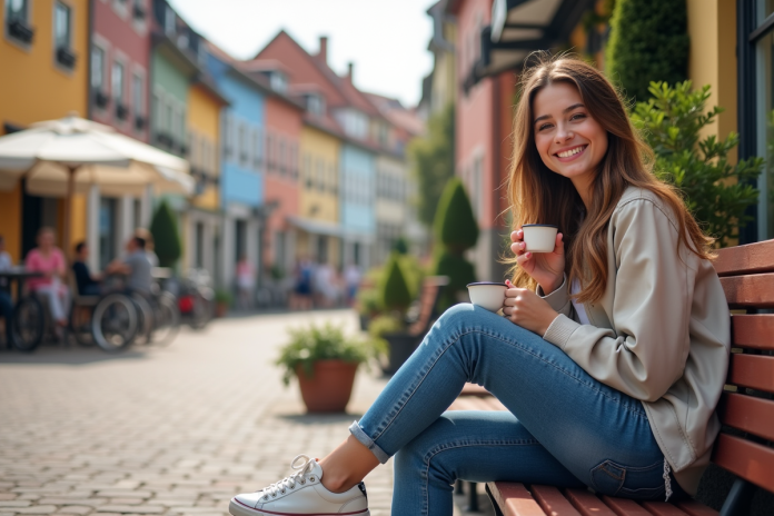 jeune-femme-village-europeen Jeune femme souriante dans un village européen en plein air
