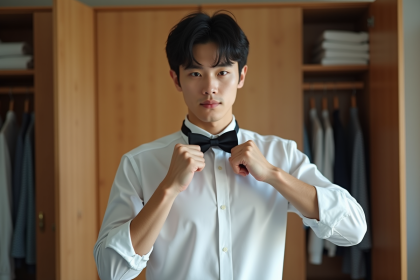 Jeune homme en chemise blanche ajustant une cravate noire dans sa chambre