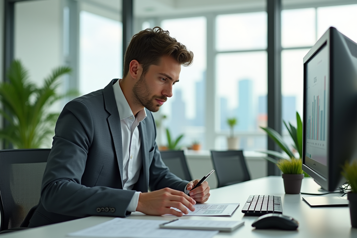 Jeune homme analysant des données sur un bureau avec technologie verte