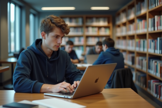 Jeune homme étudiant à la bibliothèque universitaire
