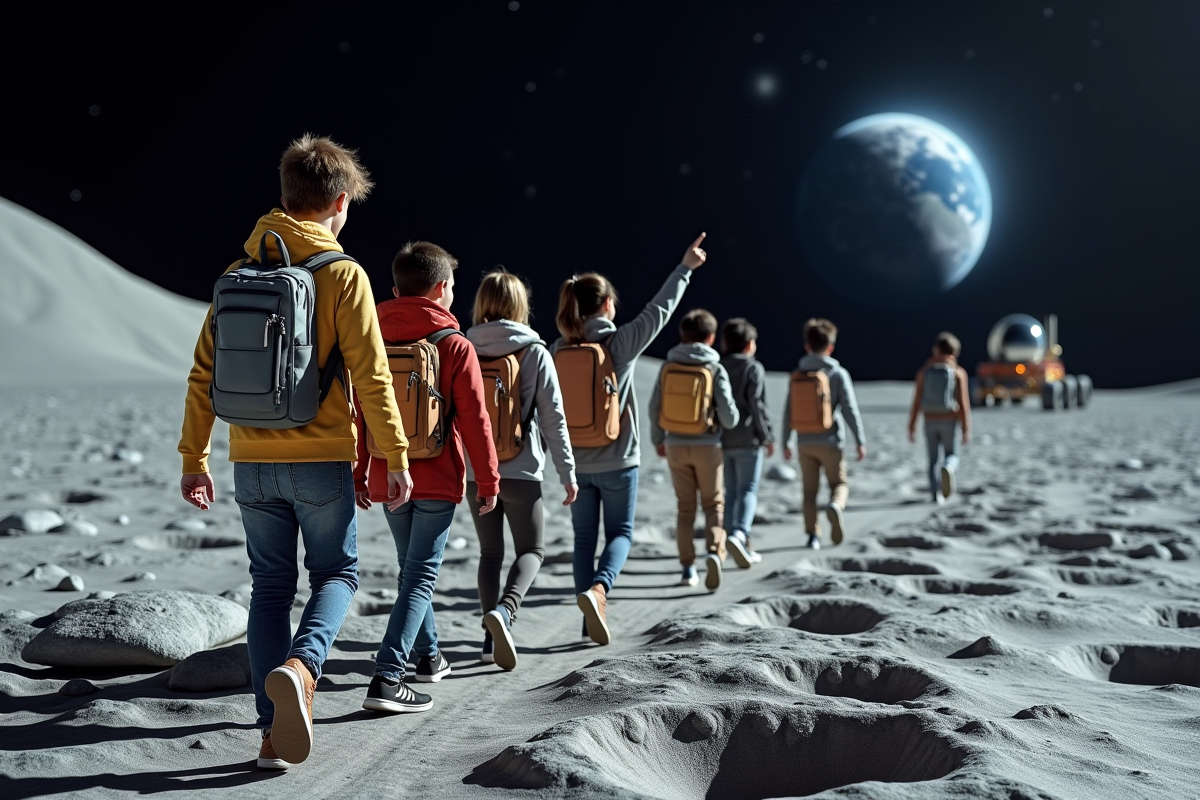 Jeunes sur la Lune avec vue sur la Terre et paysages lunaires