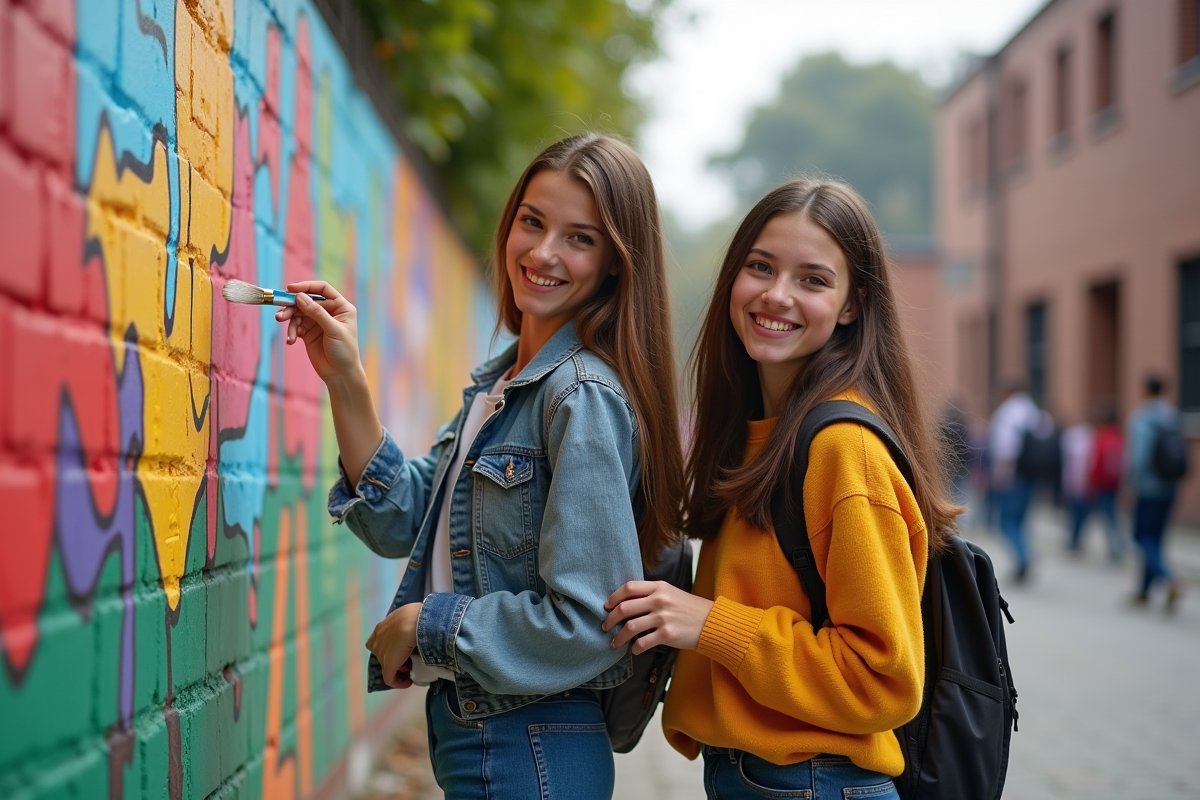 Deux adolescents peignant une fresque dans une cour d