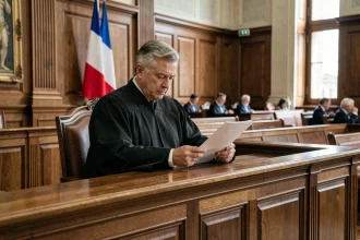 Juge en robe noire examinant des documents derrière son banc dans une salle d'audience formelle, illustrant la décision de débouter une partie
