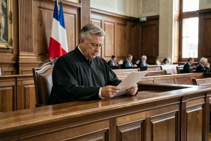 Juge en robe noire examinant des documents derrière son banc dans une salle d'audience formelle, illustrant la décision de débouter une partie